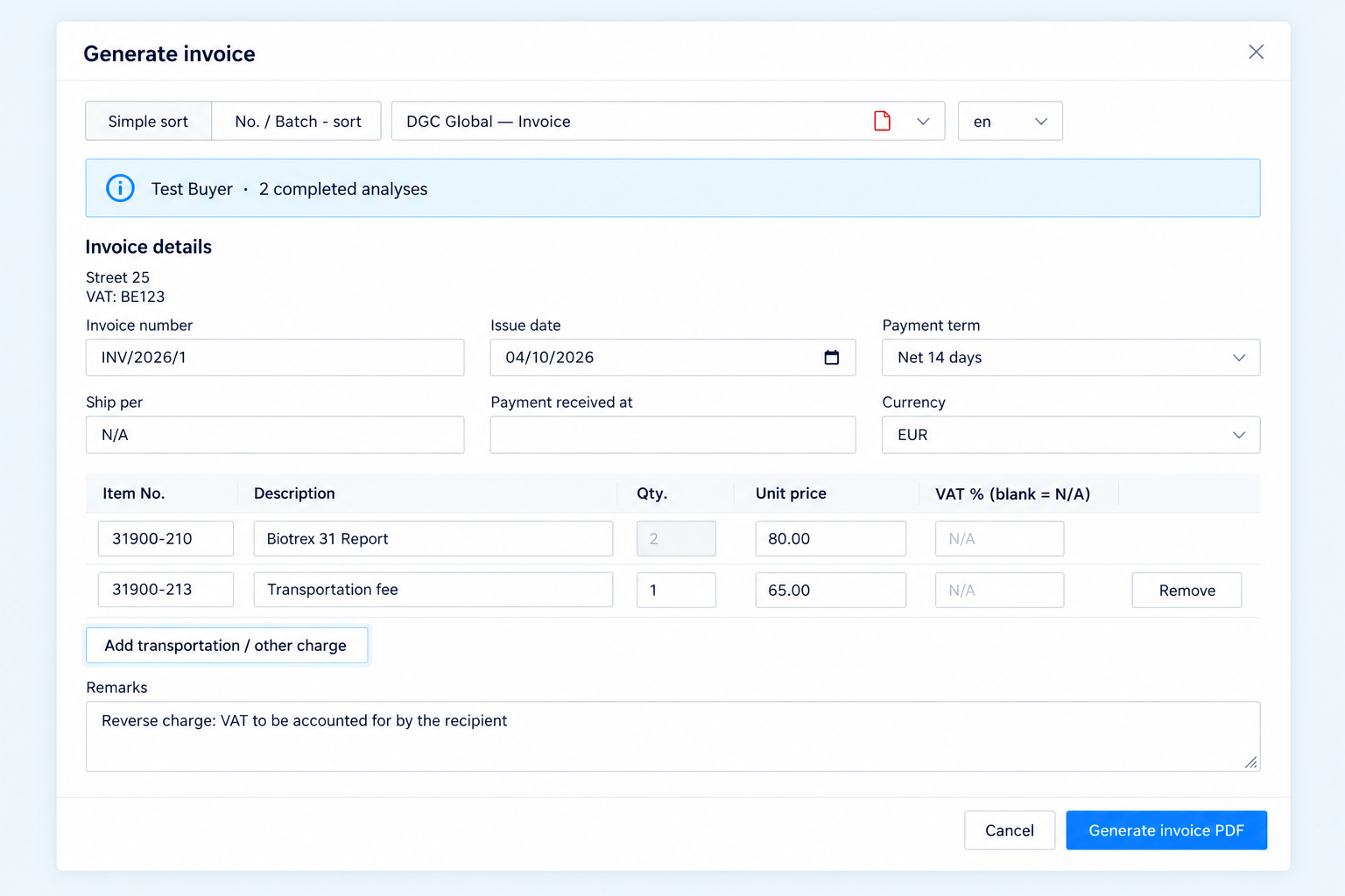 Invoice form with completed analyses, unit prices, VAT and transport charges
