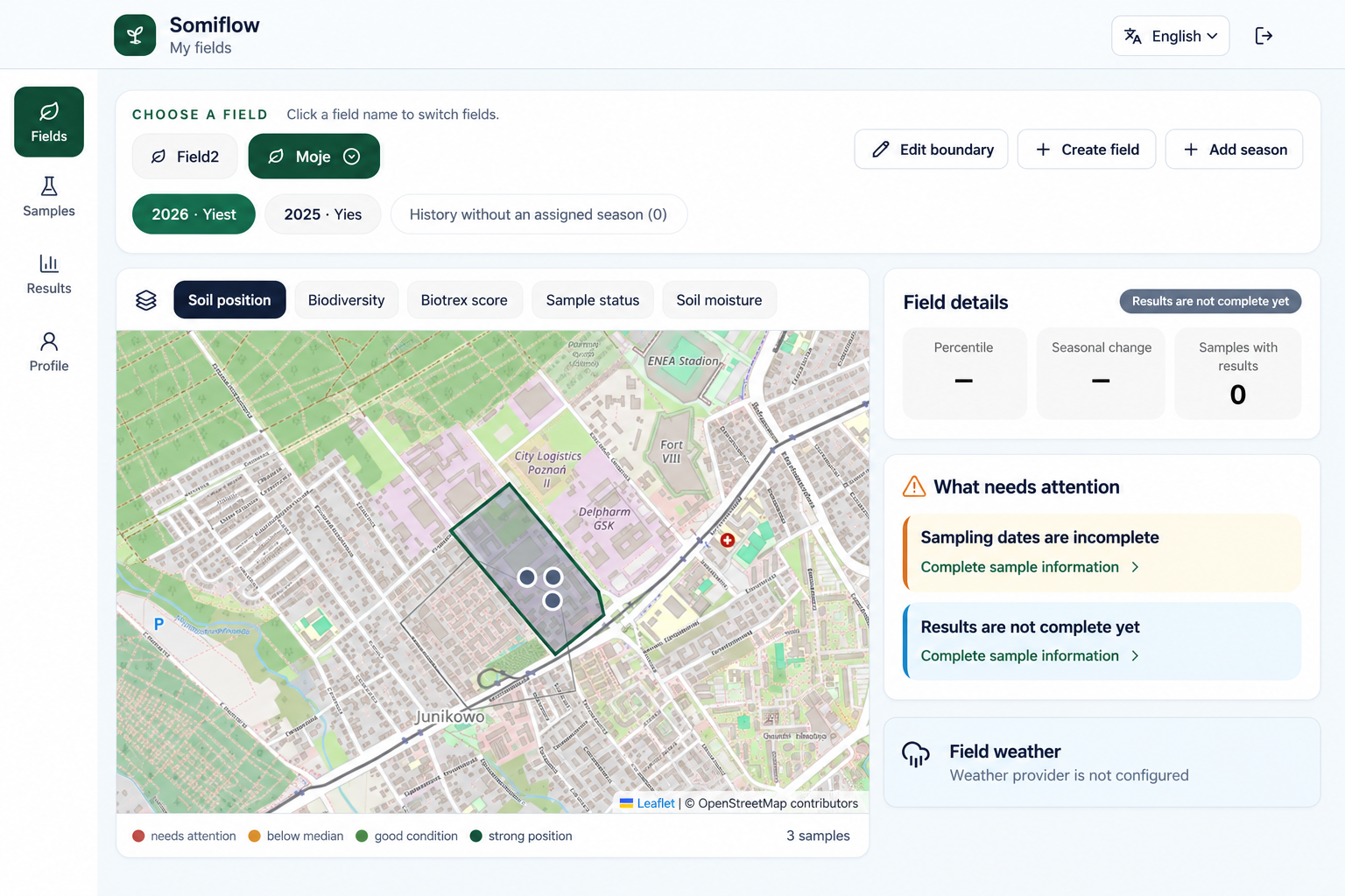 New customer portal showing a field map and season selection
