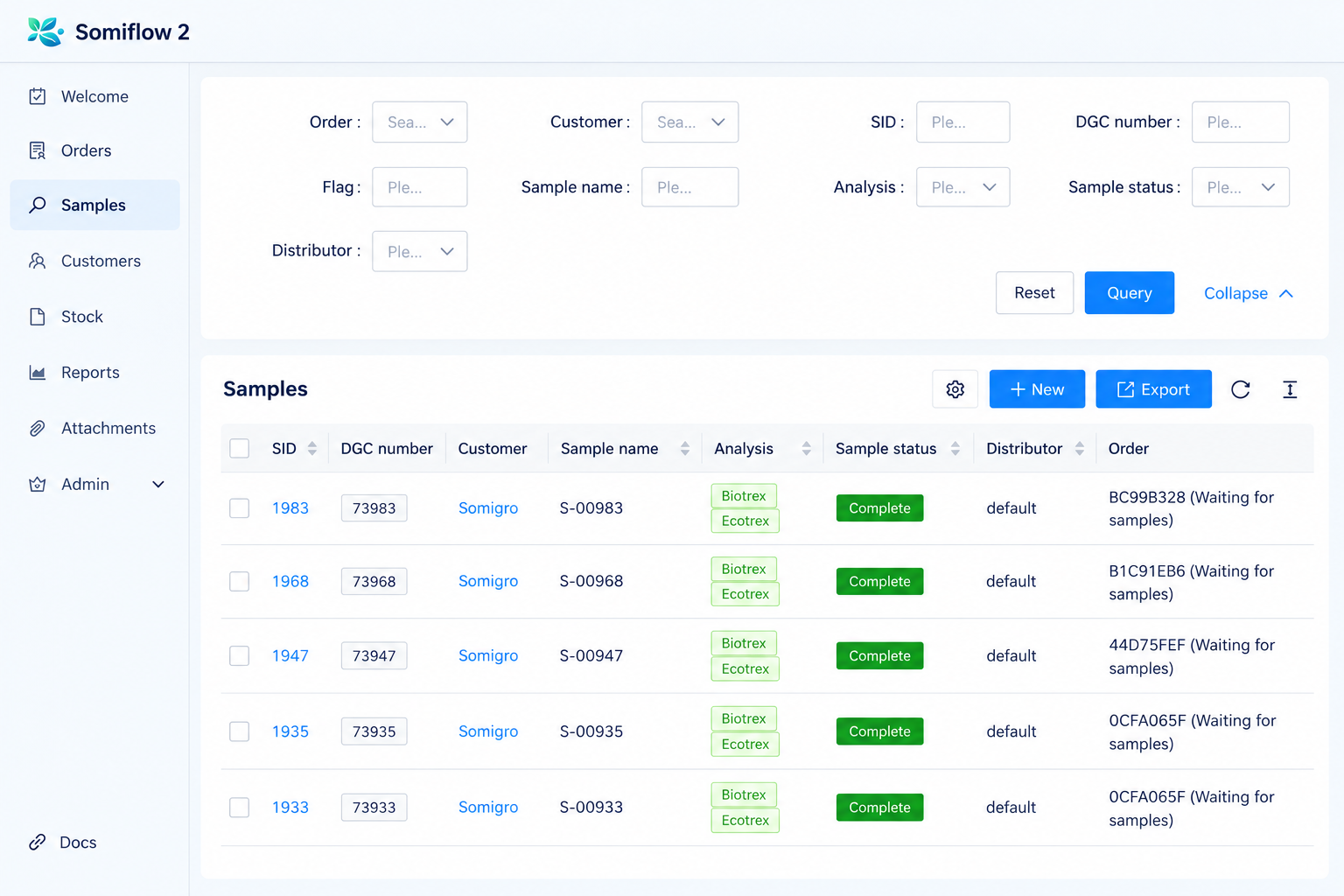 Somiflow sample list with linked orders, analysis types and completion status